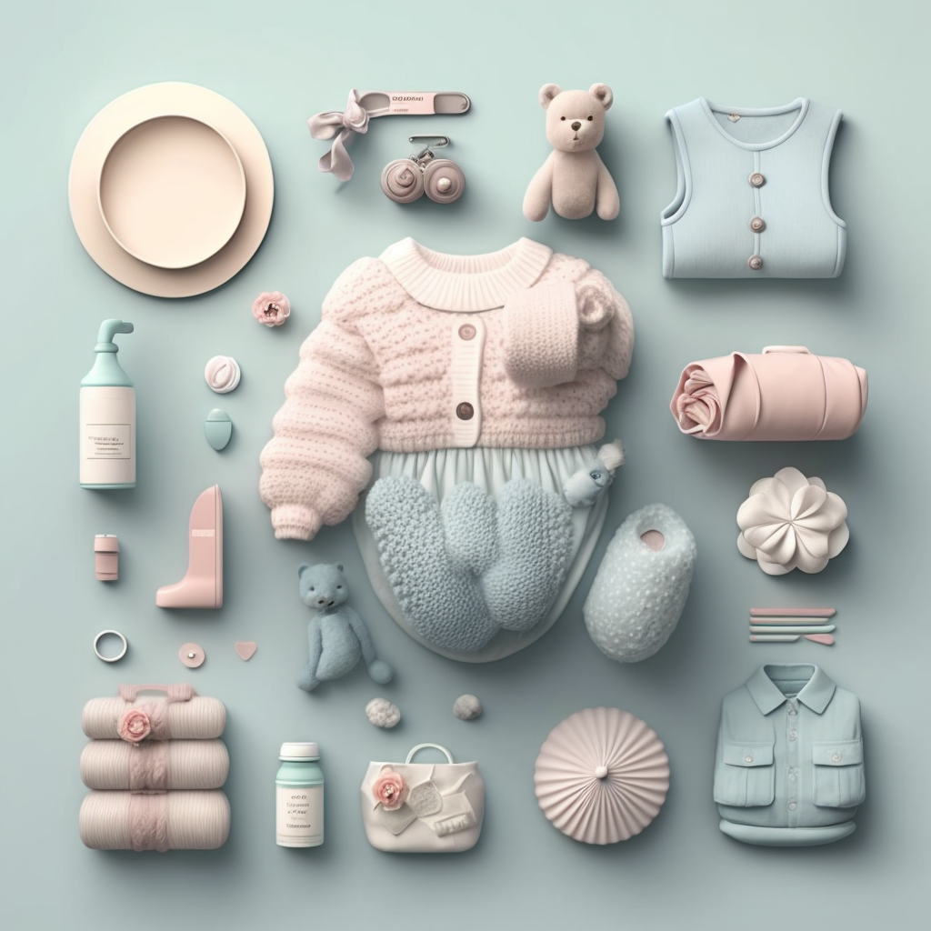 baby clothes and utilities in pastel colors. baby klamotten in pastell farben auf einem tisch mit verschiedenen anderen sachen.
